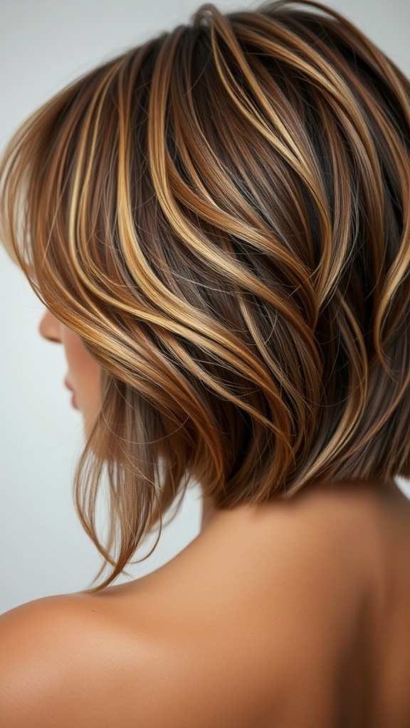 Close-up of a textured shag hairstyle with bangs, showcasing layered hair with highlights