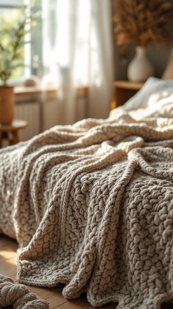 A textured crochet bedspread showcasing a shell stitch pattern