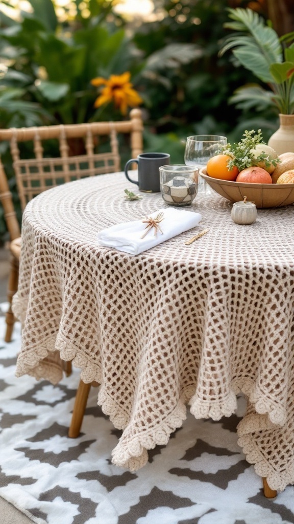 A round table covered with a crochet tablecloth featuring a textured shell stitch design, surrounded by fruits, cups, and greenery.