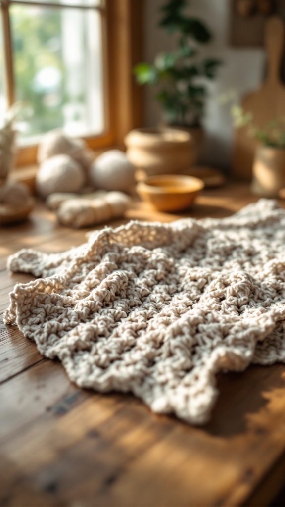 A textured shell stitch dishcloth on a wooden table with natural decor.