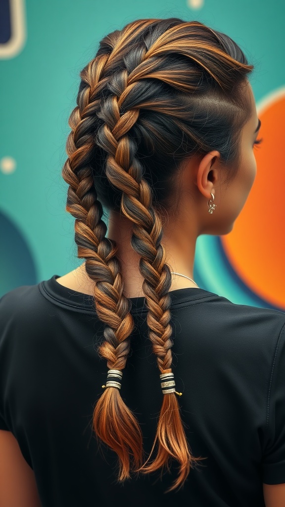 A sporty hairstyle featuring textured side braids, showcasing two neat braids with dark and light hair colors.