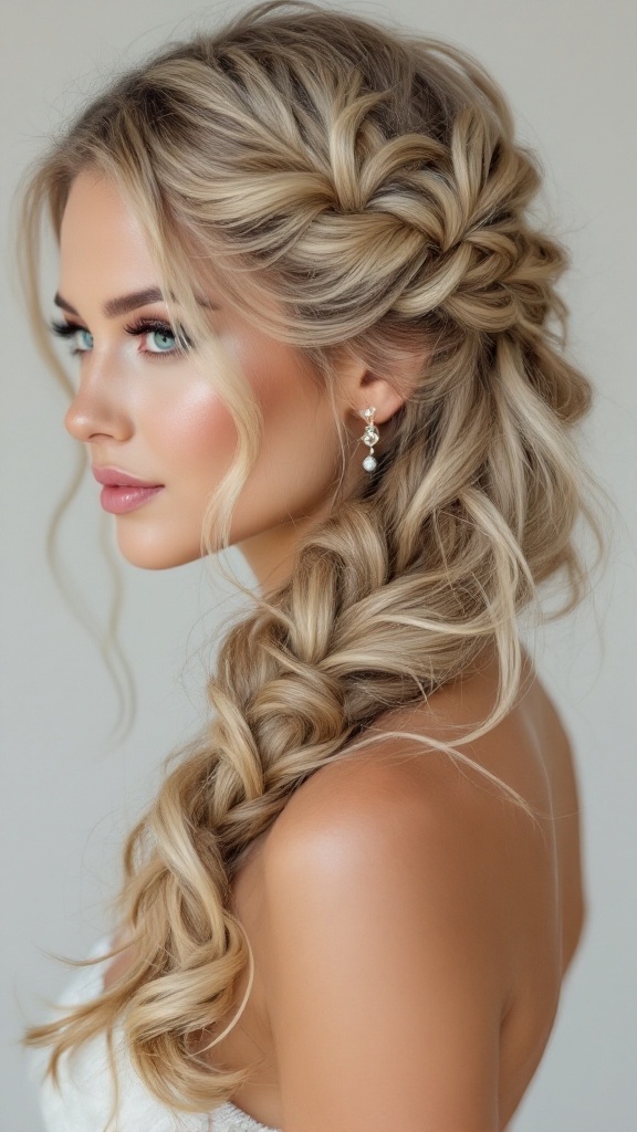 A woman with a textured side braid and soft curls, wearing earrings.