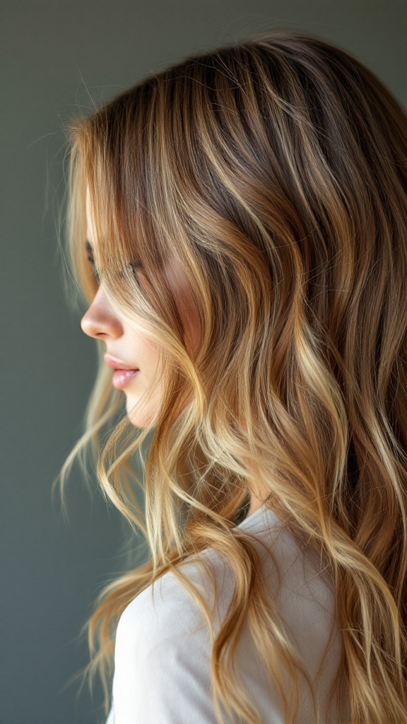 Long hair styled in a textured side part with highlights, showing soft waves and a flattering look.