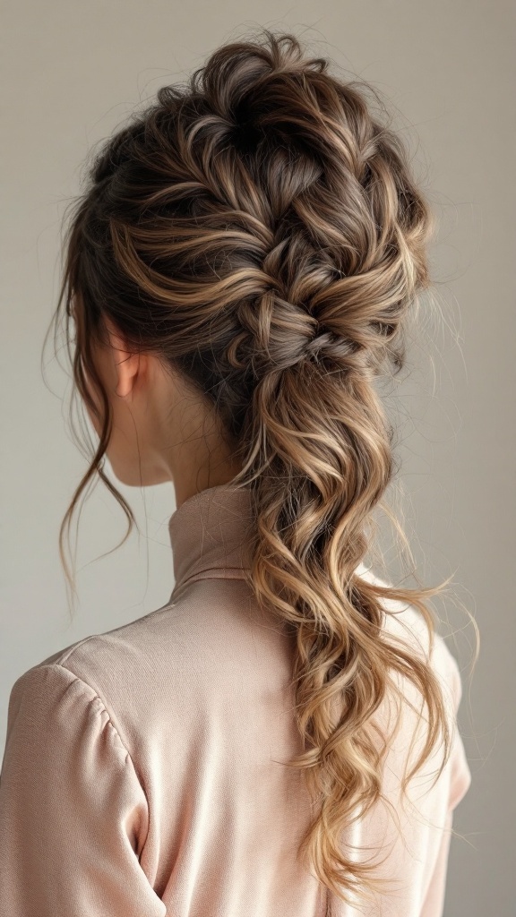 A woman with a textured side ponytail hairstyle, showcasing elegant curls and braids against a light background.