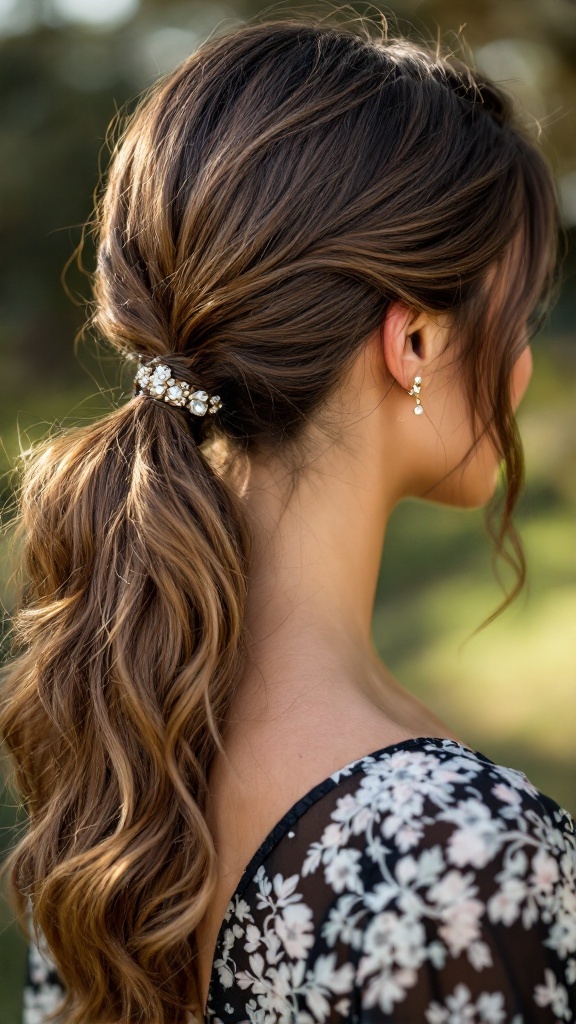 A woman with a textured side ponytail adorned with a hair wrap, showcasing loose curls and embellished details.