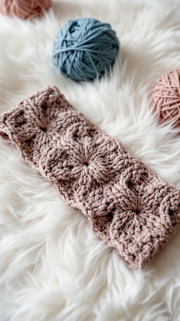 Textured stitch crochet headband on a fluffy background with yarn balls