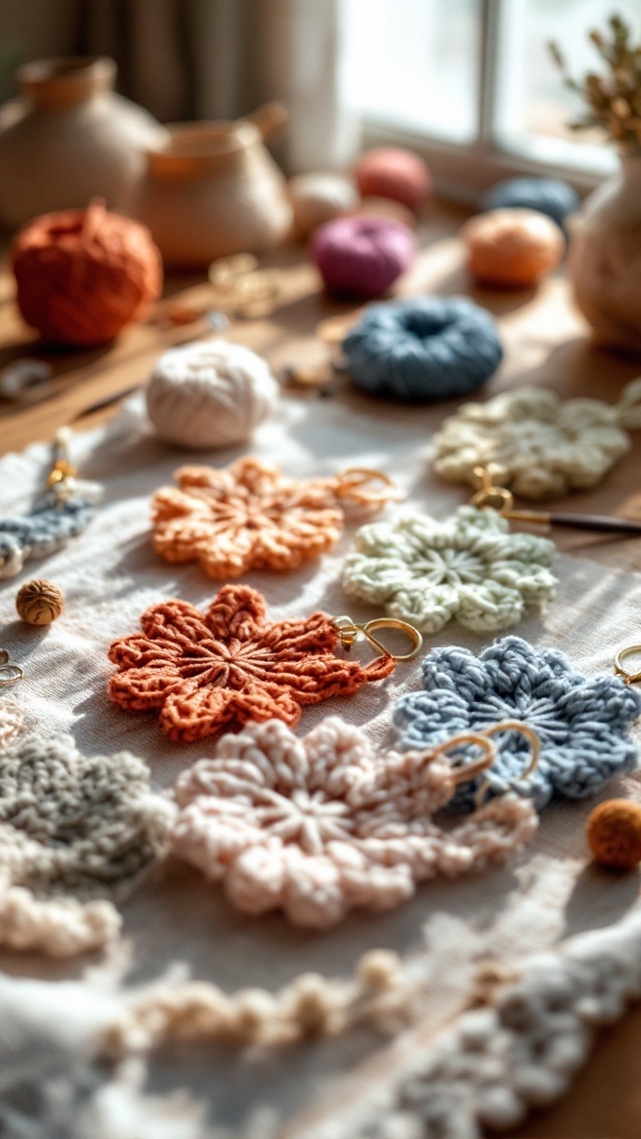 Colorful crocheted keychains laid out on a table showing various textures and designs.