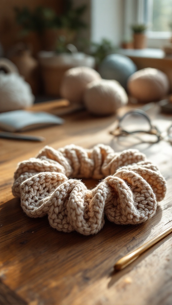 A crocheted scrunchy with a textured stitch placed on a wooden table, surrounded by yarn and a crochet hook.