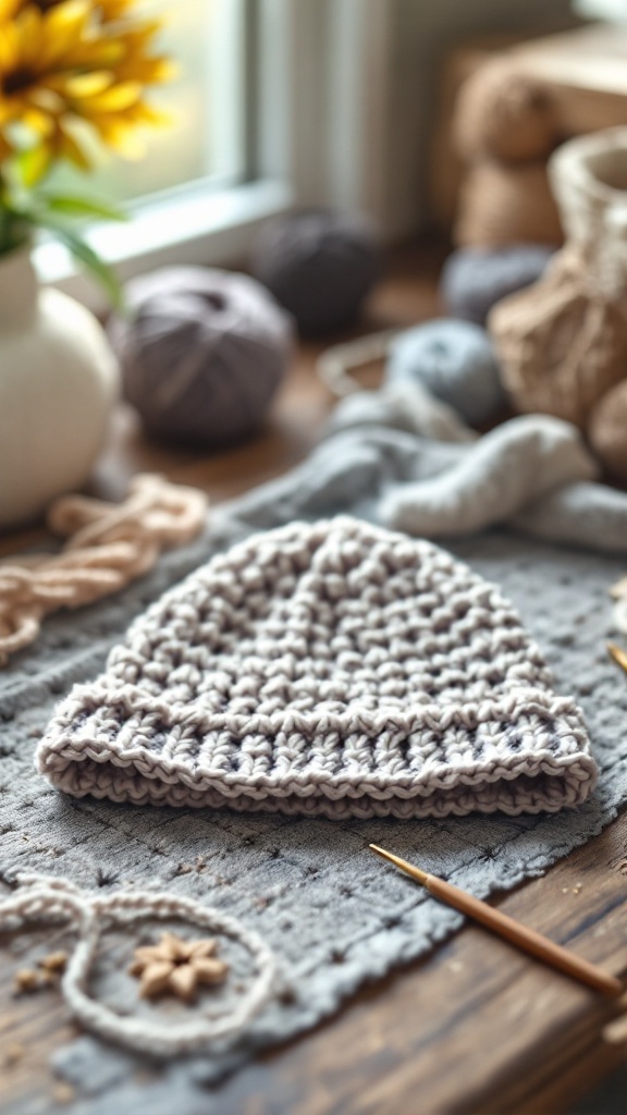 A crochet baby hat on a textured surface with yarn balls and a crochet hook nearby.