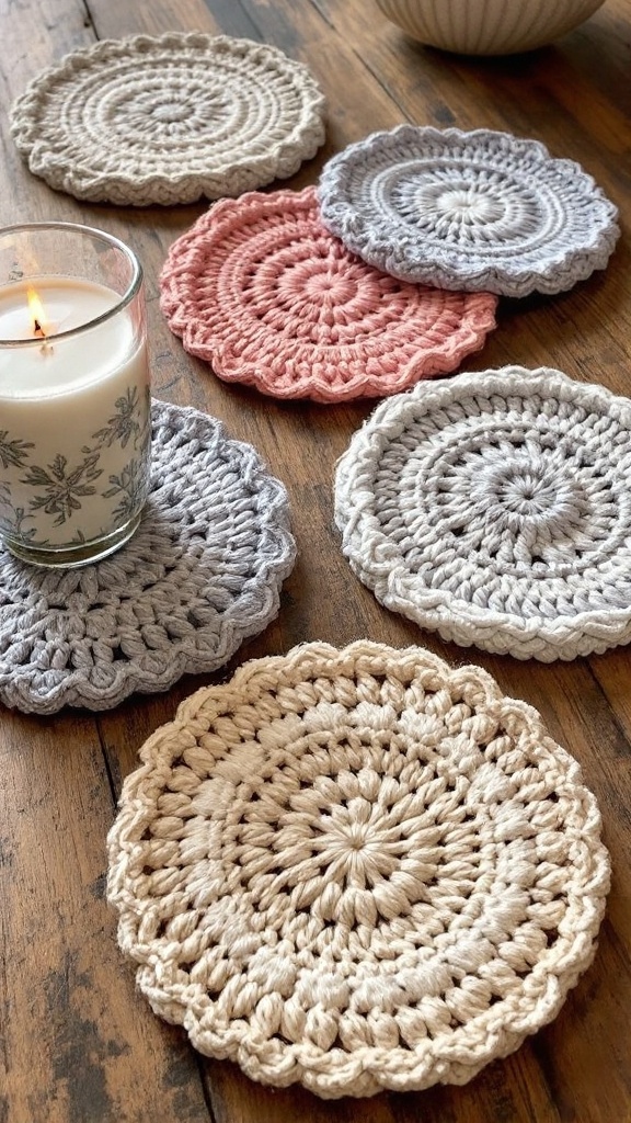 A collection of beautifully crocheted coasters in various colors and textures, arranged around a lit candle on a wooden table.