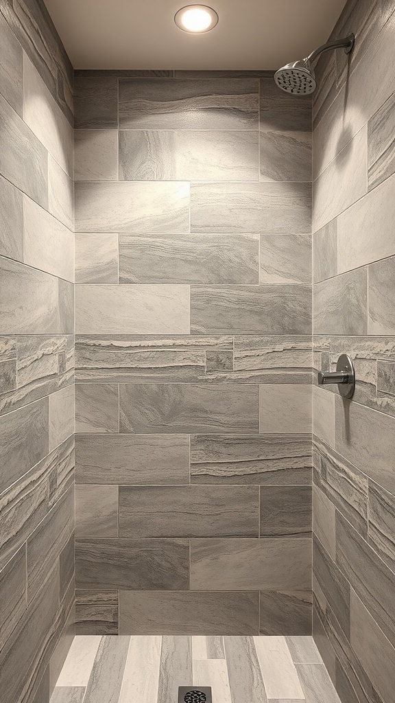 A modern shower featuring textured stone panels in soft gray tones.