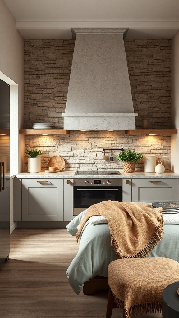 A modern kitchen featuring textured stone tiles as a backsplash, with gray cabinetry and warm lighting.