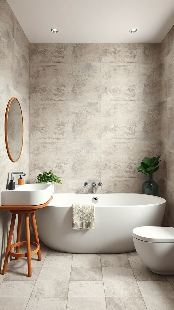 A modern bathroom featuring textured stone tiles, a freestanding bathtub, and a stylish sink.