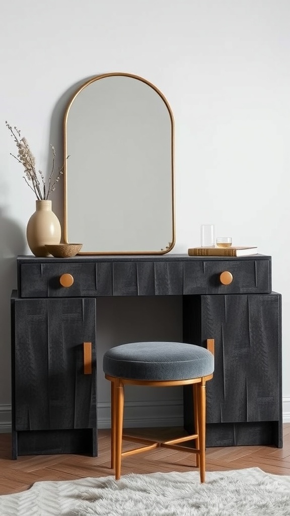 Modern dressing table with textured surfaces, a round mirror, and a plush stool.