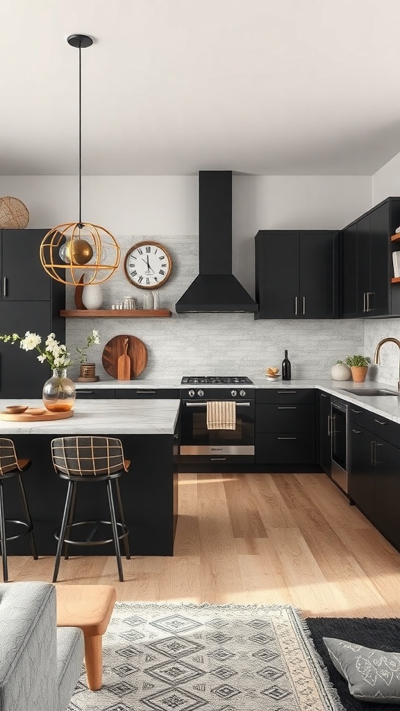 A modern kitchen featuring black cabinetry, a marble countertop, wooden shelves, and stylish lighting.