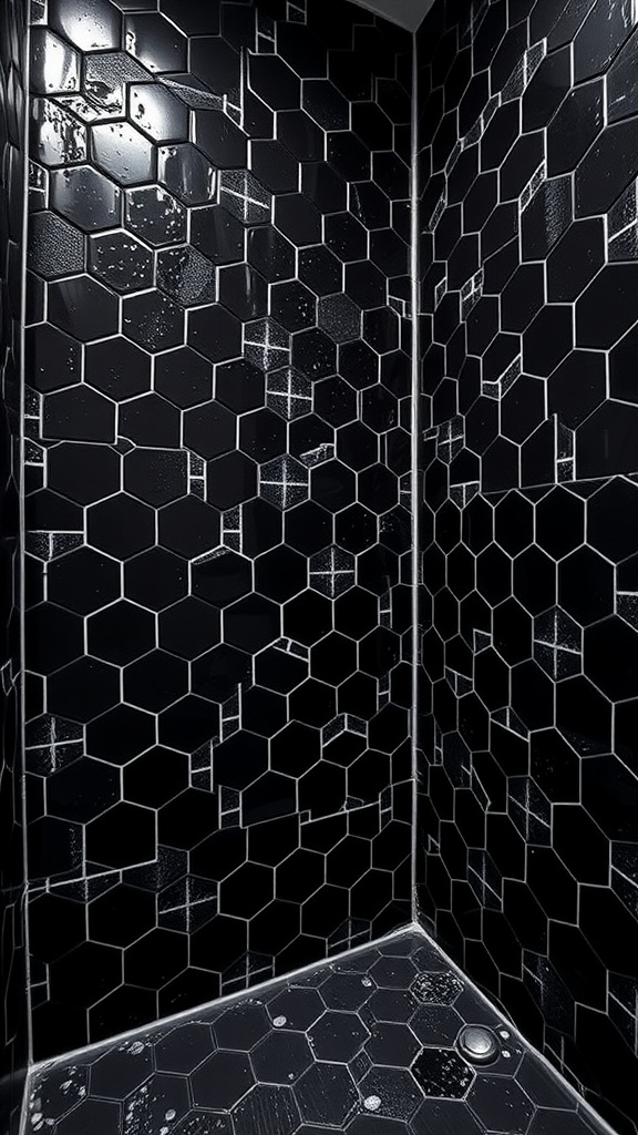 Textured black hexagon tiles on a bathroom floor