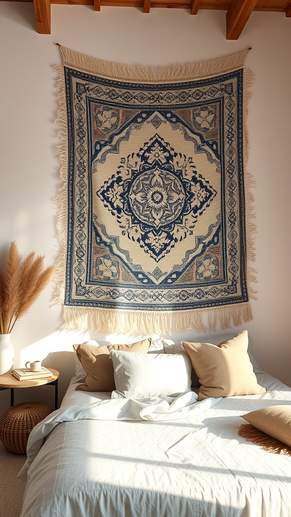 A beautifully designed textured tapestry hanging on a wall above a bed, with soft pillows and a cozy atmosphere.