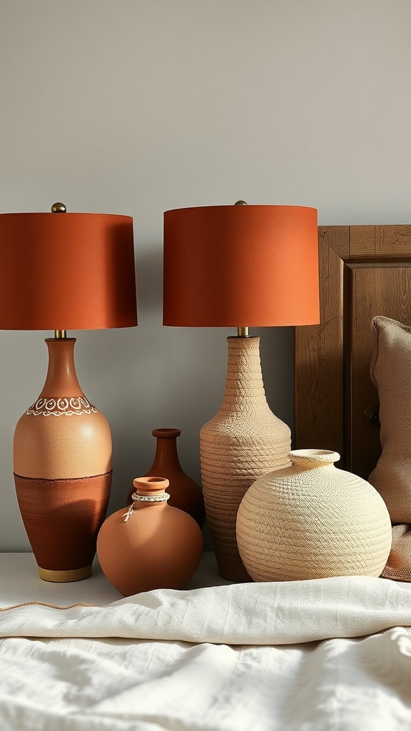 A collection of terracotta lamps and vases in a bedroom setting.