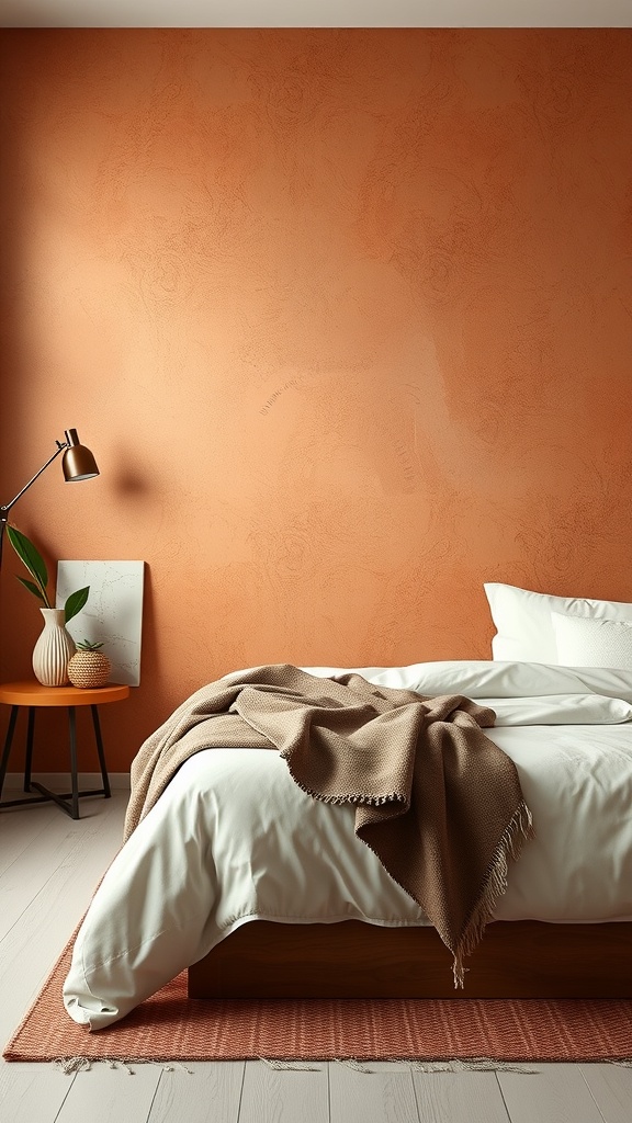 A cozy bedroom featuring a textured terracotta wall, white bedding, and a small plant on a side table.