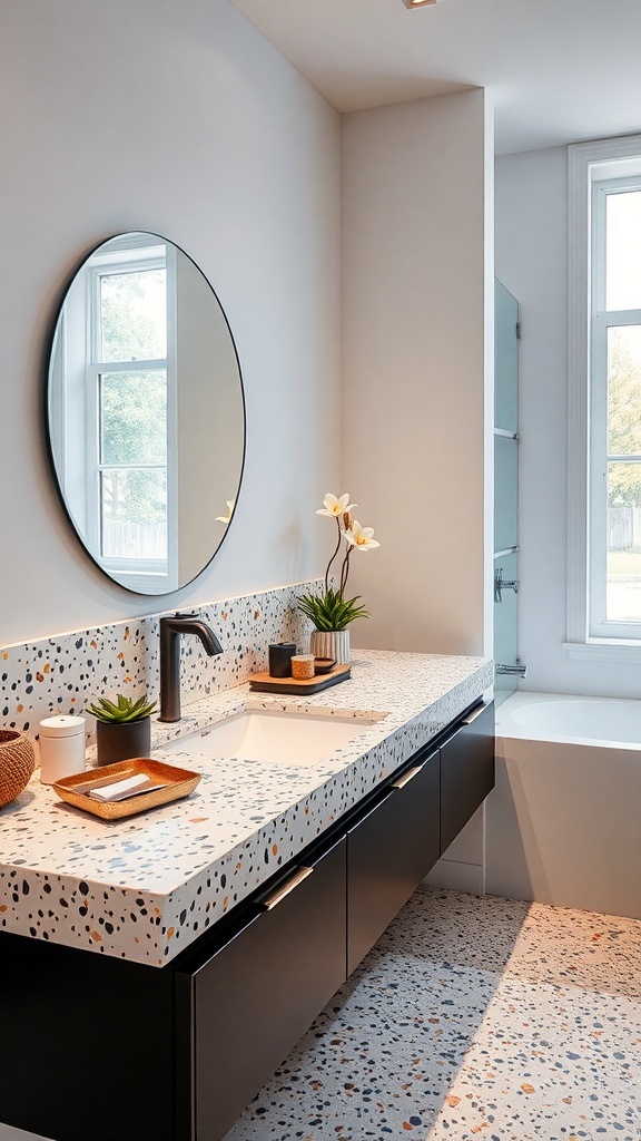 A modern bathroom featuring a textured terrazzo countertop with colorful chips, black cabinetry, a round mirror, and decorative plants.