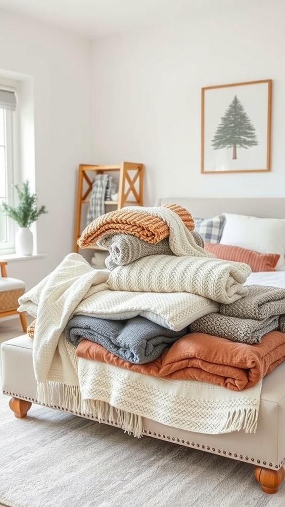 A cozy bedroom with a variety of textured throw blankets piled on a bed, featuring warm colors and a comforting atmosphere.