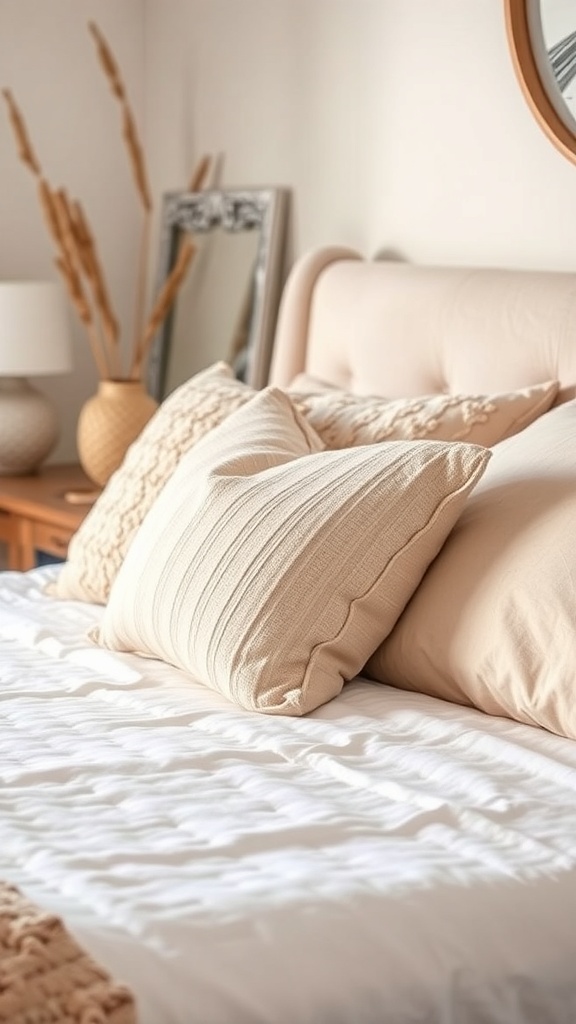 A cozy bed with textured throw pillows in neutral tones