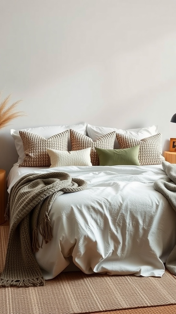 A cozy neutral aesthetic bedroom featuring textured throw pillows and a soft blanket.