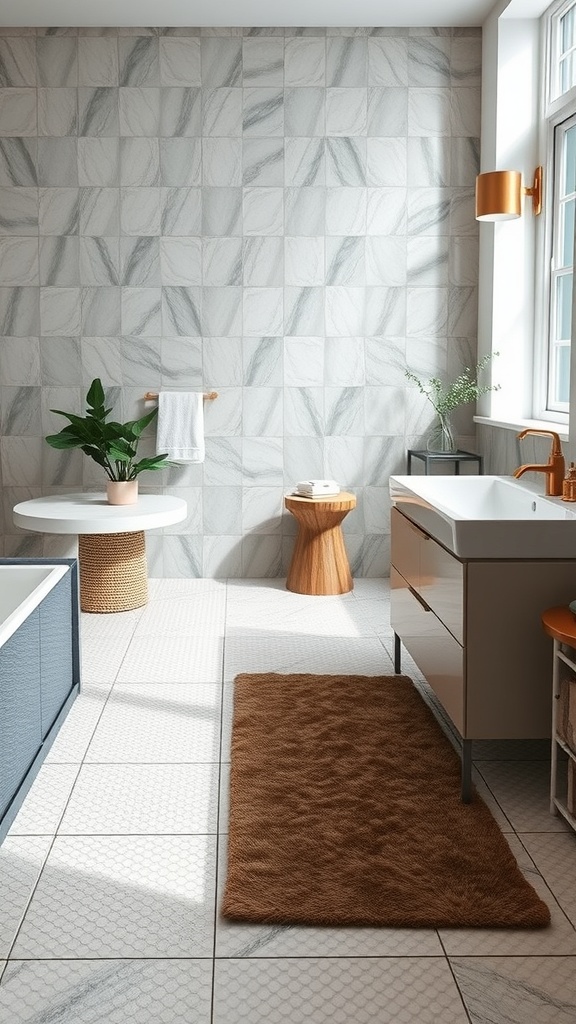 A modern bathroom featuring textured tiles, a brown rug, and wooden accents.