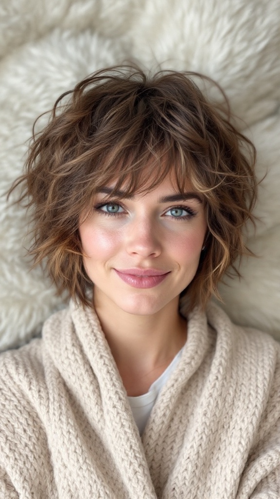 A woman with tousled layered hair is smiling, wearing a cozy sweater, with a soft background.