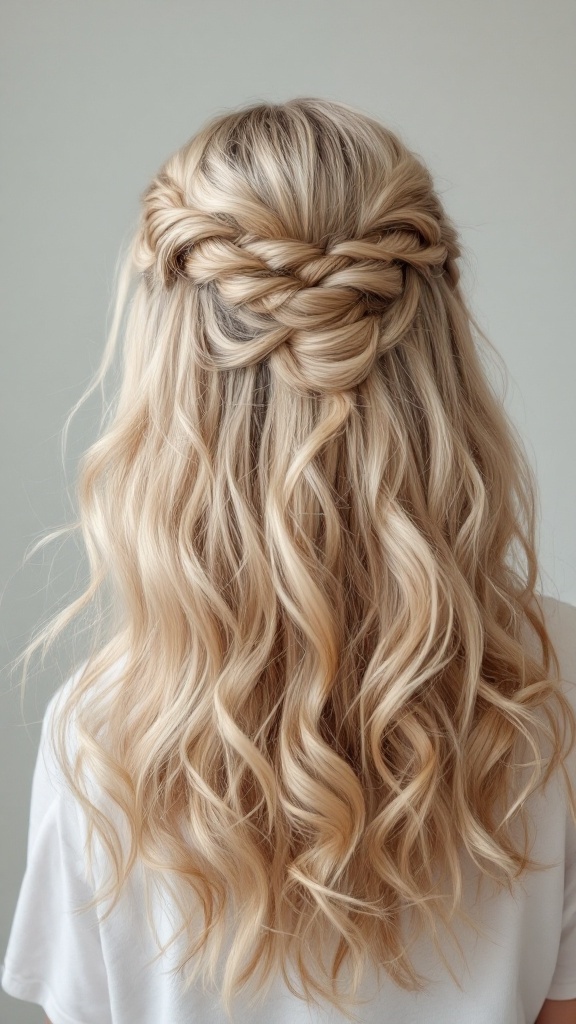 A textured twisted half up hairstyle with beachy curls, featuring twisted sections pinned back and flowing waves.