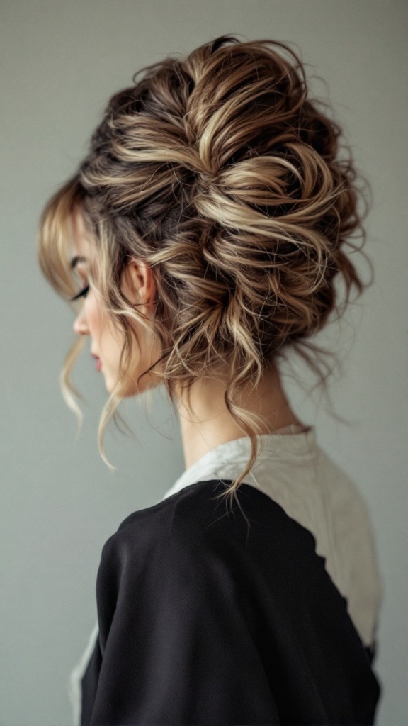 Textured updo hairstyle with loose strands for thin hair