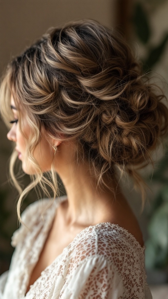 Textured updo hairstyle with loose strands, perfect for formal events