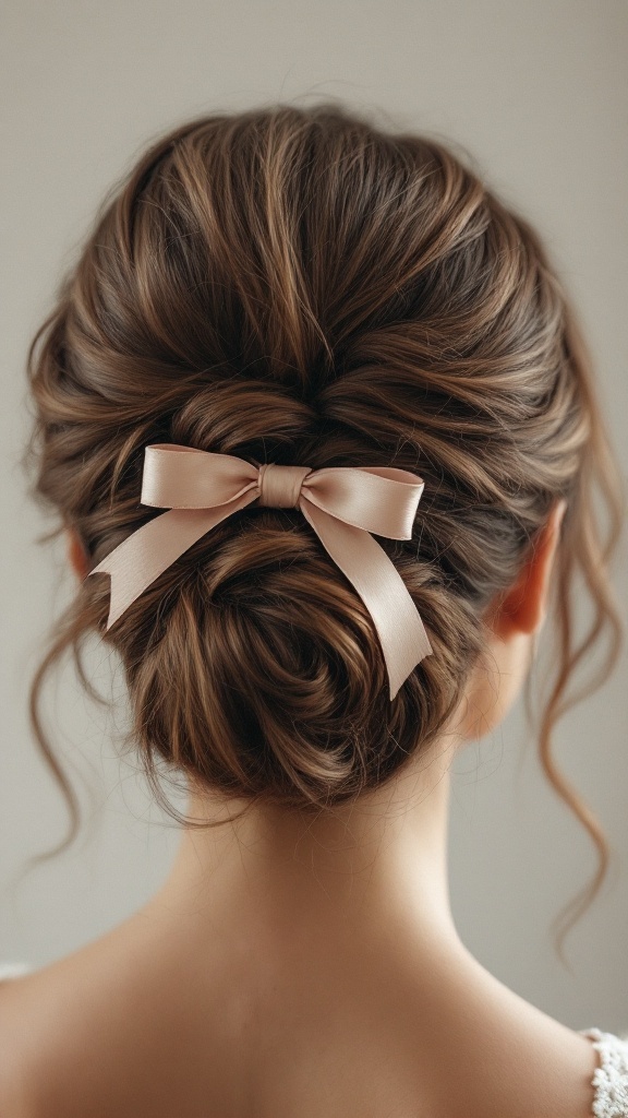 Textured updo hairstyle with a ribbon for wedding guests