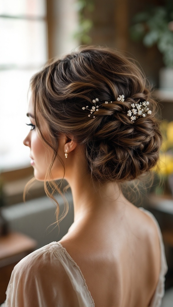A woman with a textured updo and side-swept bangs, adorned with small floral hairpins.
