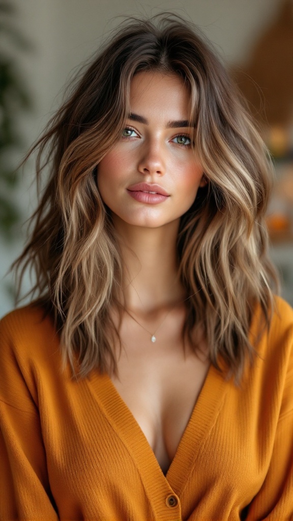 A woman with textured V neck layered hair, smiling softly