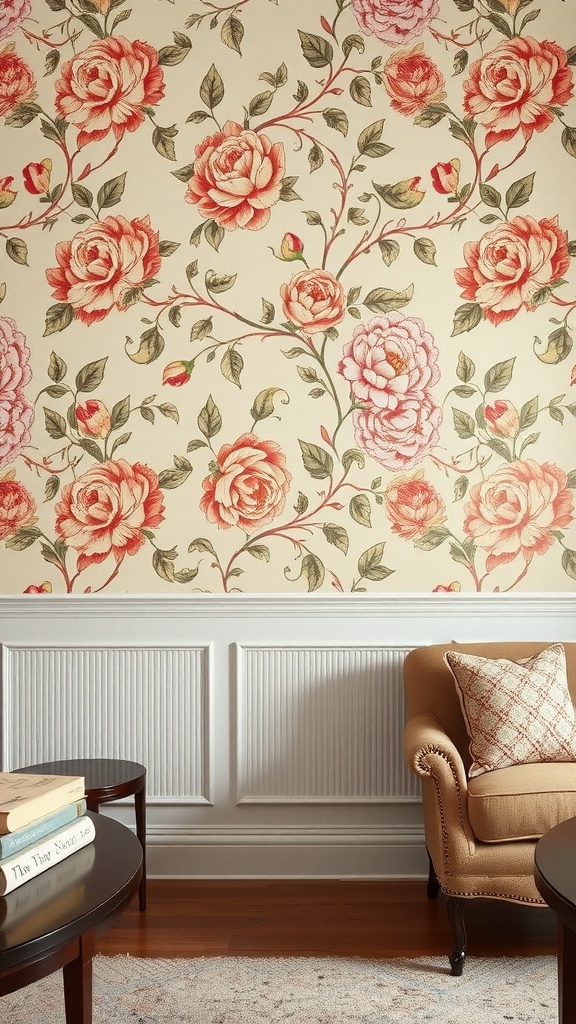 A living room featuring textured wainscoting and floral wallpaper, with a cozy armchair and decorative pillows.