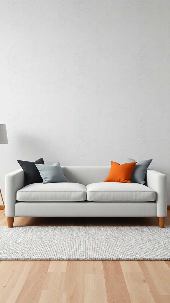 A light grey couch with colorful pillows against a textured wall in a living room.