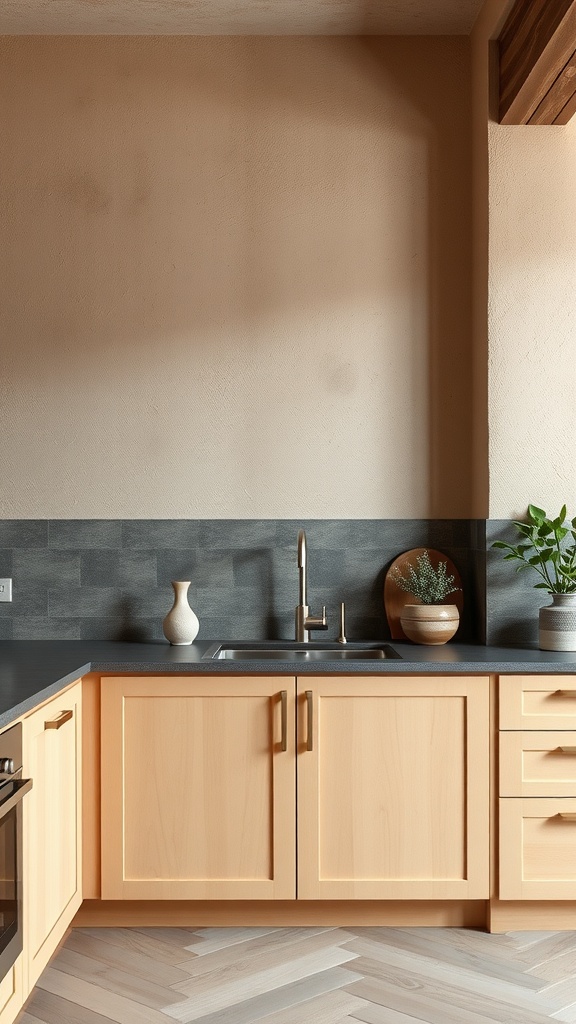 A kitchen featuring textured beige walls, a dark slate backsplash, light wood cabinetry, and plants for decoration.