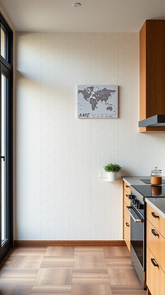 A modern Japandi kitchen featuring a textured wall, wooden cabinets, and a world map in a neutral color scheme.