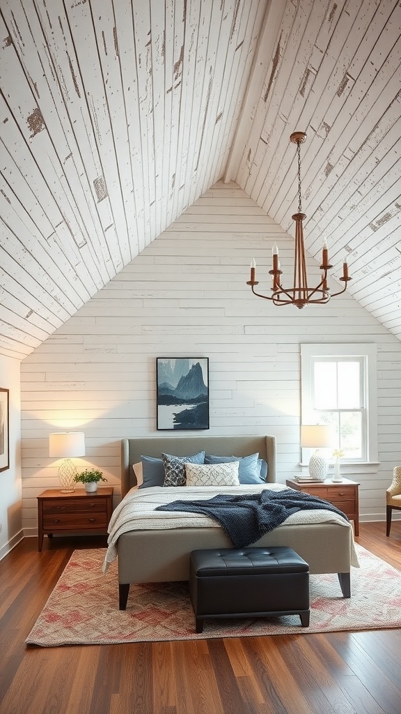 Cozy bedroom with a sloped ceiling featuring whitewashed wooden planks, a comfortable bed, and warm lighting.