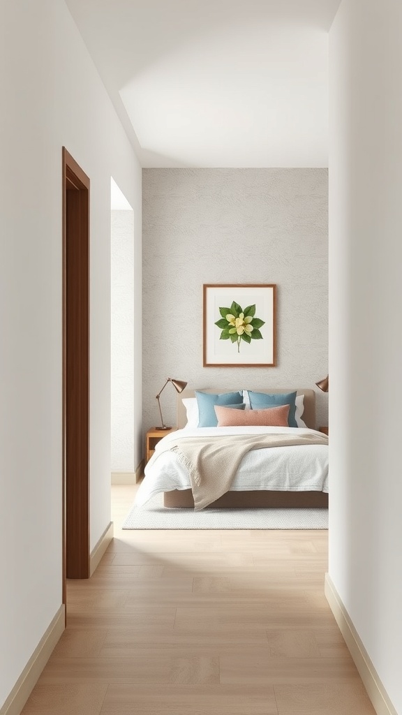 A hallway leading to a bedroom with textured walls and a framed botanical print.