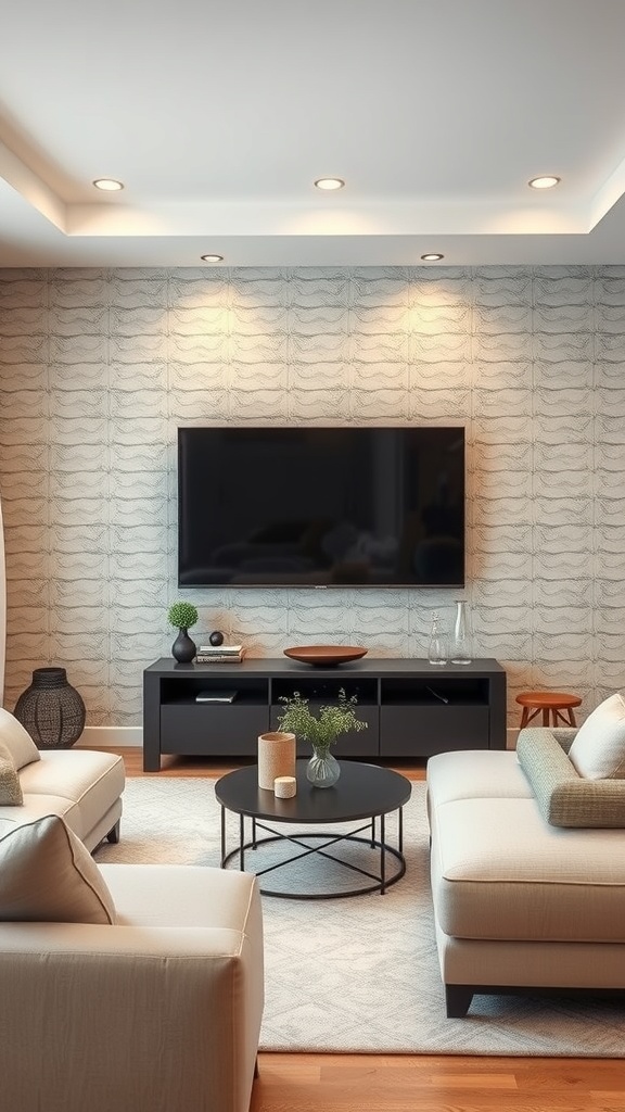 Living room with a textured wall displaying a mounted TV, light sofas, and a dark coffee table.