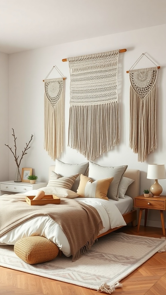 Stylish bedroom with macramé wall hangings and neutral color palette