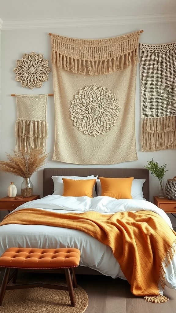A cozy bedroom featuring textured wall hangings, warm orange accents, and natural elements.