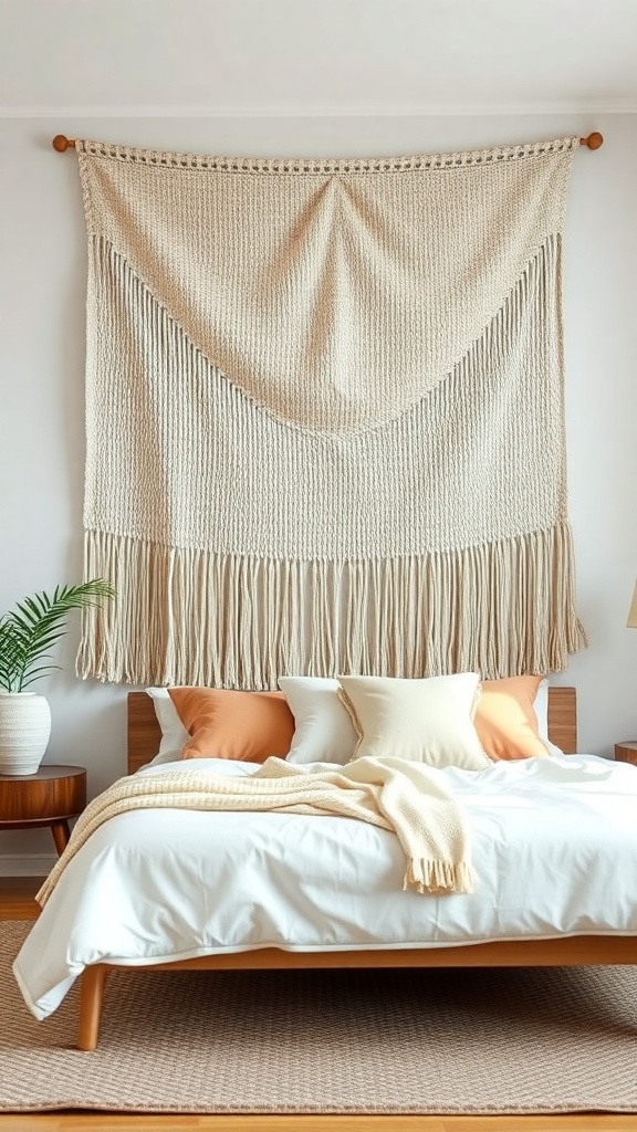 A cozy bedroom featuring a large macramé wall hanging above a bed with neutral-colored pillows and a soft throw.