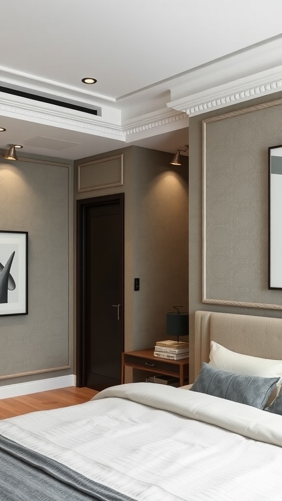 A modern bedroom featuring textured wall panels and elegant decor