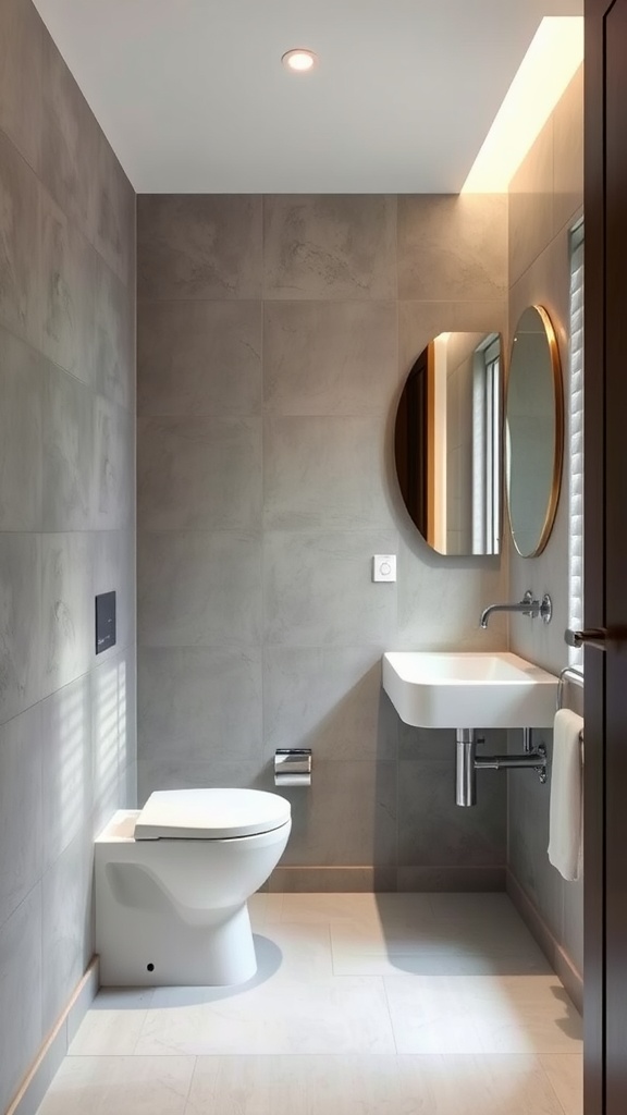 A modern small bathroom featuring textured wall panels, a round mirror, and a sleek sink.