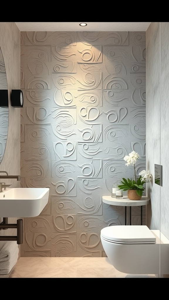 A modern bathroom featuring textured wall panels with subtle curves and patterns, a stylish sink, and a potted plant.