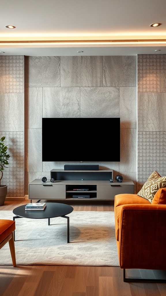Living room featuring textured wall panels behind TV with modern furniture.
