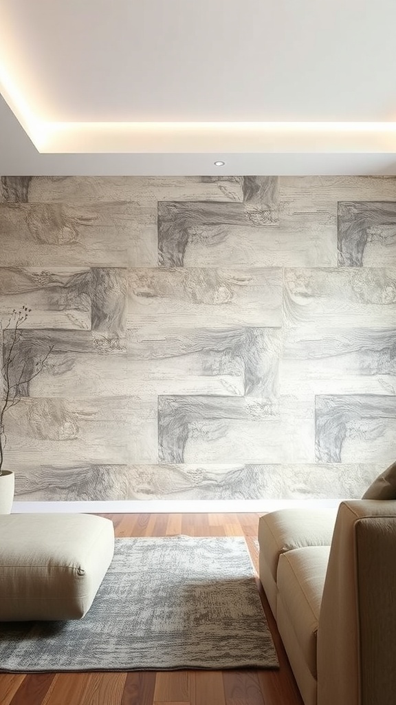 A large living room with textured wall panels in soft tones, showcasing a cozy seating area.